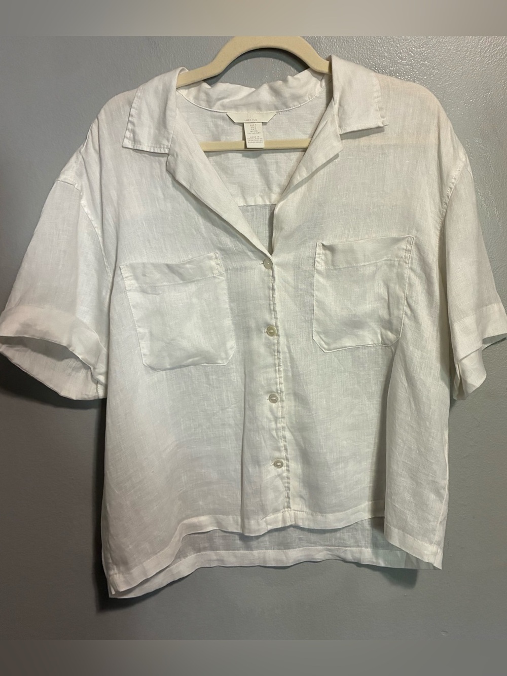 H&M 100% Linen White Button Front Utility Shirt Top Medium Oversized